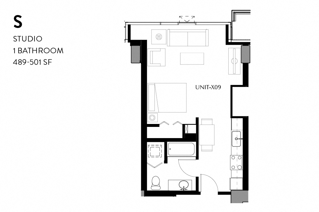 Floor plan for studio, 1 bath, 502 sqft